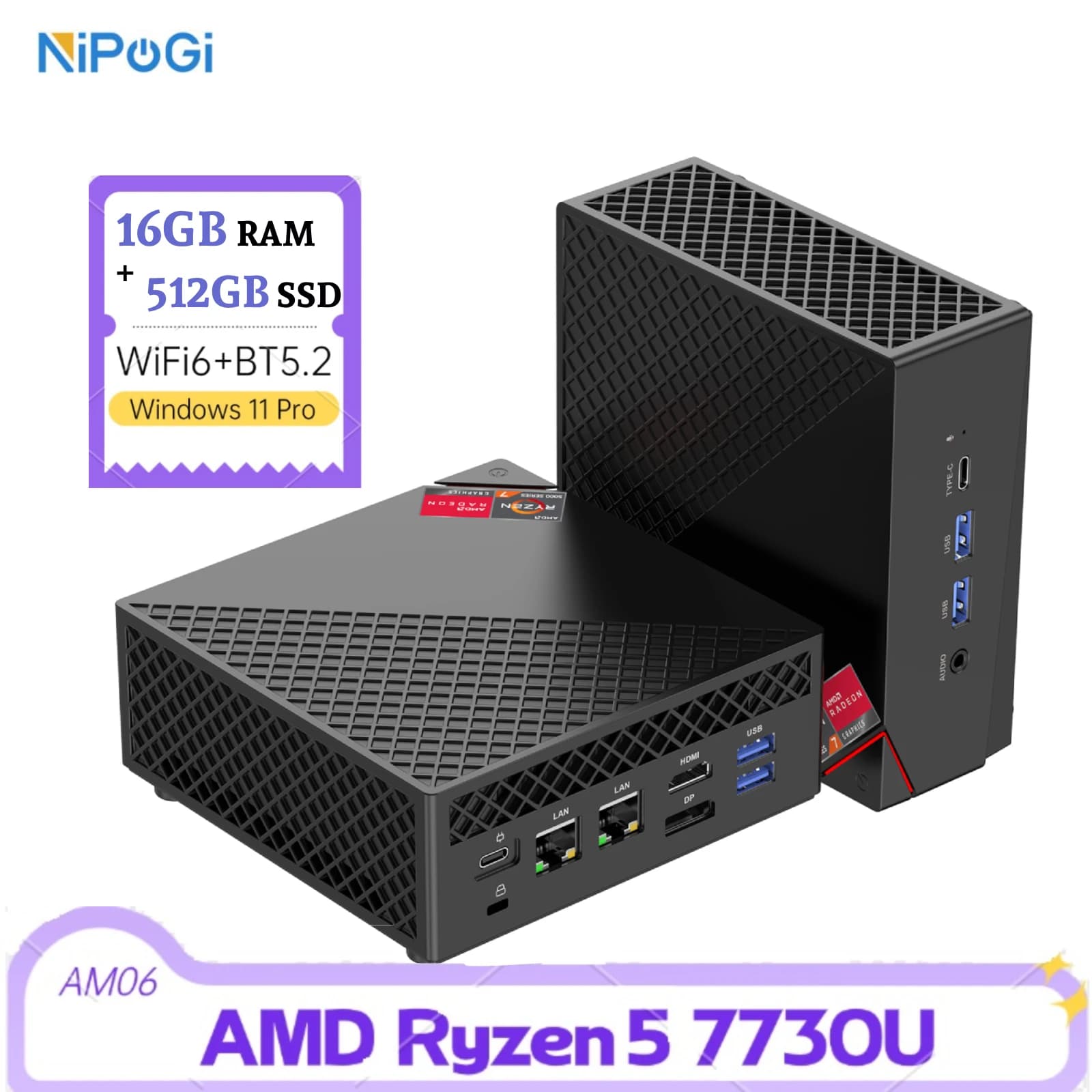 NIPOGI Mini PC Ryzen 7 16GB DDR4 512GB SSD Computers 8C 16T 4.5Ghz 4K Triple Display WiFi