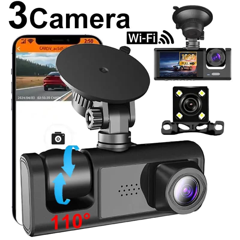 HONG TONG Car WiFi 3-Channel Dash Cam Front Rear Inside Camera Triple