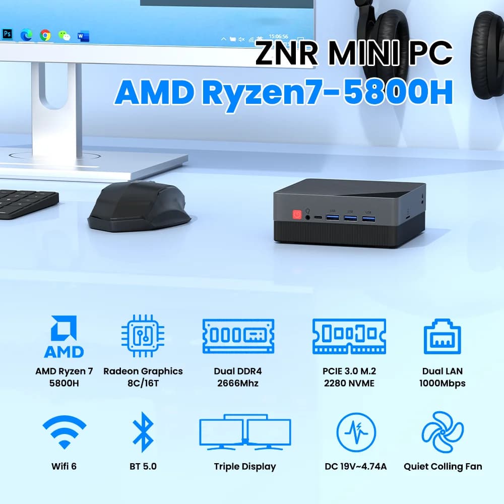 ZXIPC AMD Ryzen5 R7-7530 5800H 8G DDR4 2666MHZ Mini PC Computer Pocket Dual LAN WiFi