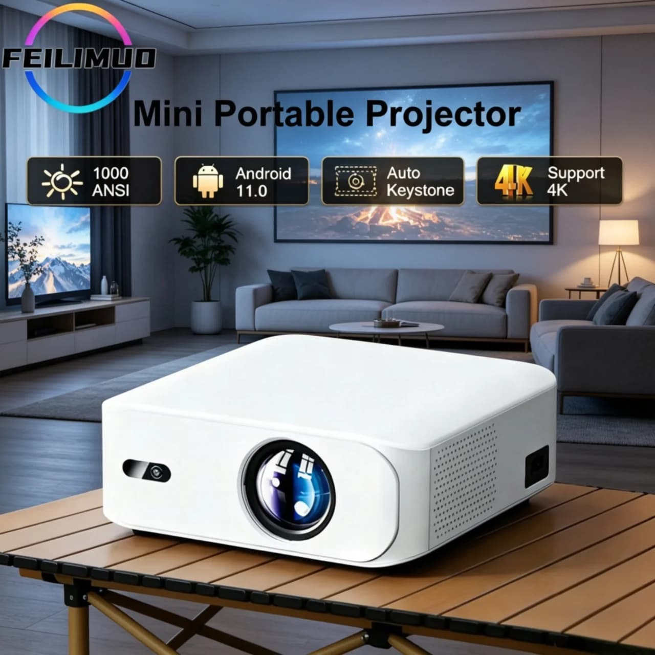 Feilimud L9W Projector 4K 1080P 2G 32G 1000 ANSI Auto Focus WiFi 6