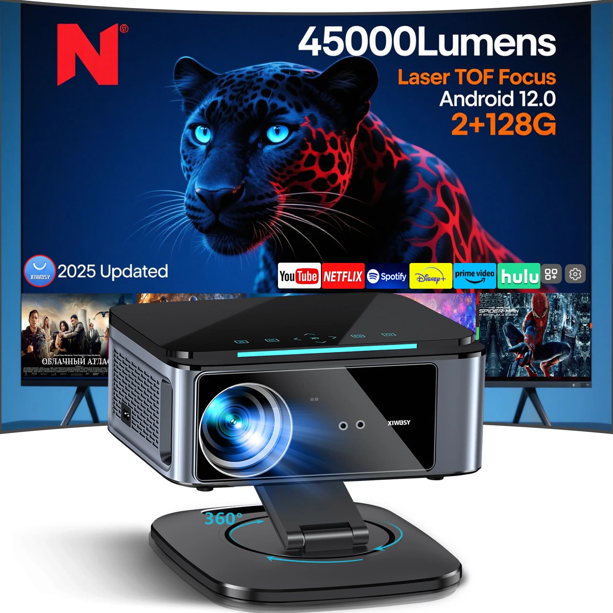 XIWBSY Laser TOF Focus Projector 45000Lumens Moive Daylight 4K Android 12.0 LED WiFi