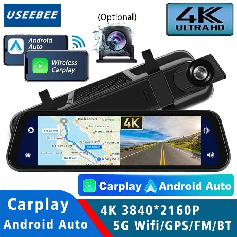 Dash Cam 4K 2160P Car Dvr Carplay Android Auto Stream Rearview Mirror GPS 5G WiFi