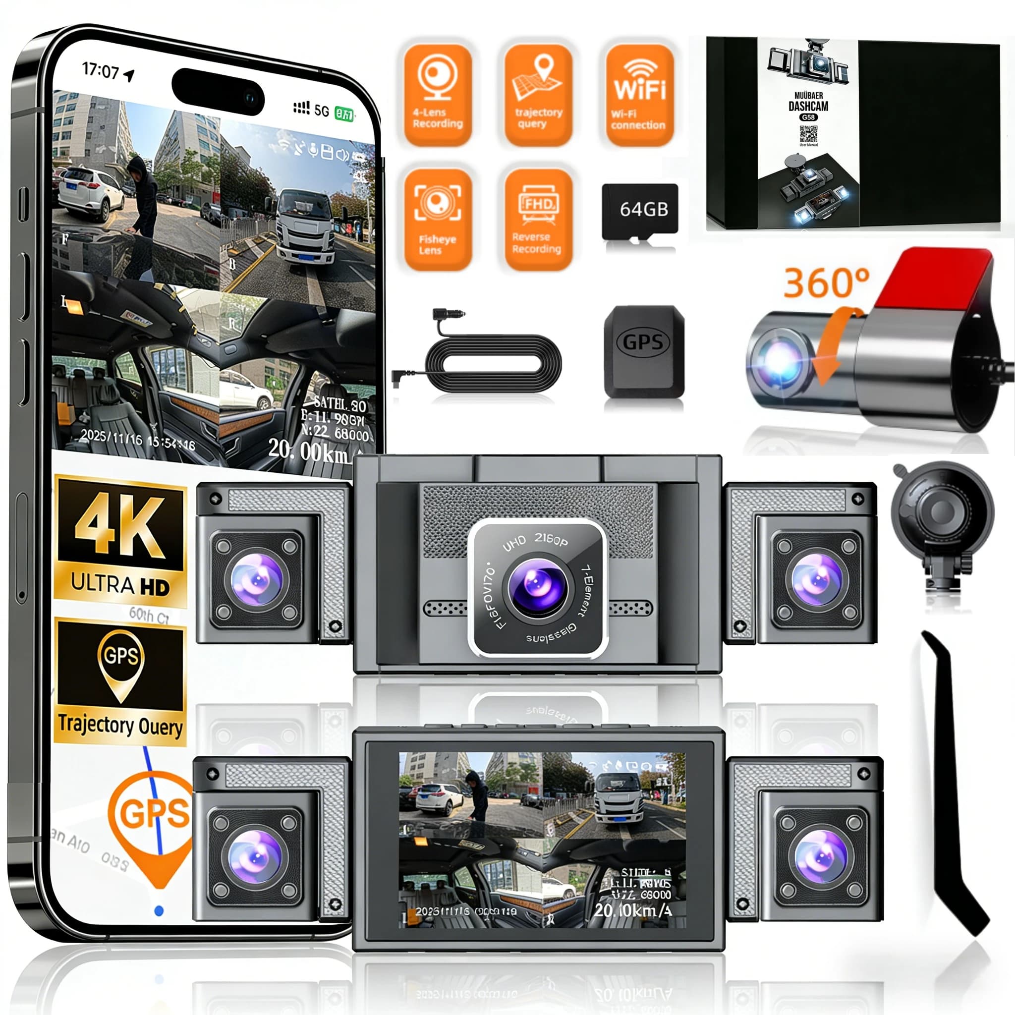360° Dash Cam Front And Rear Inside 4 Camera For Cars FHD 1080Px4 Built-in WiFi 3''IPS