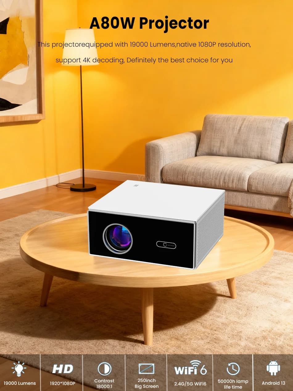 Yovanxer A80W Android 13 Projector 2G 32G WiFi 6 1080P Native Beam 4K
