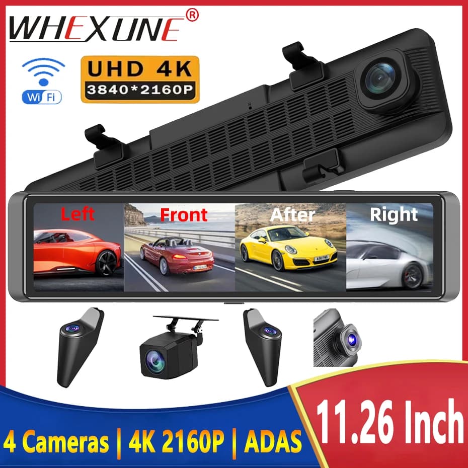 WHEXUNE 4CH Dash Cam 11.26 Inch 4K WiFi Rear View Mirror 4 Cameras