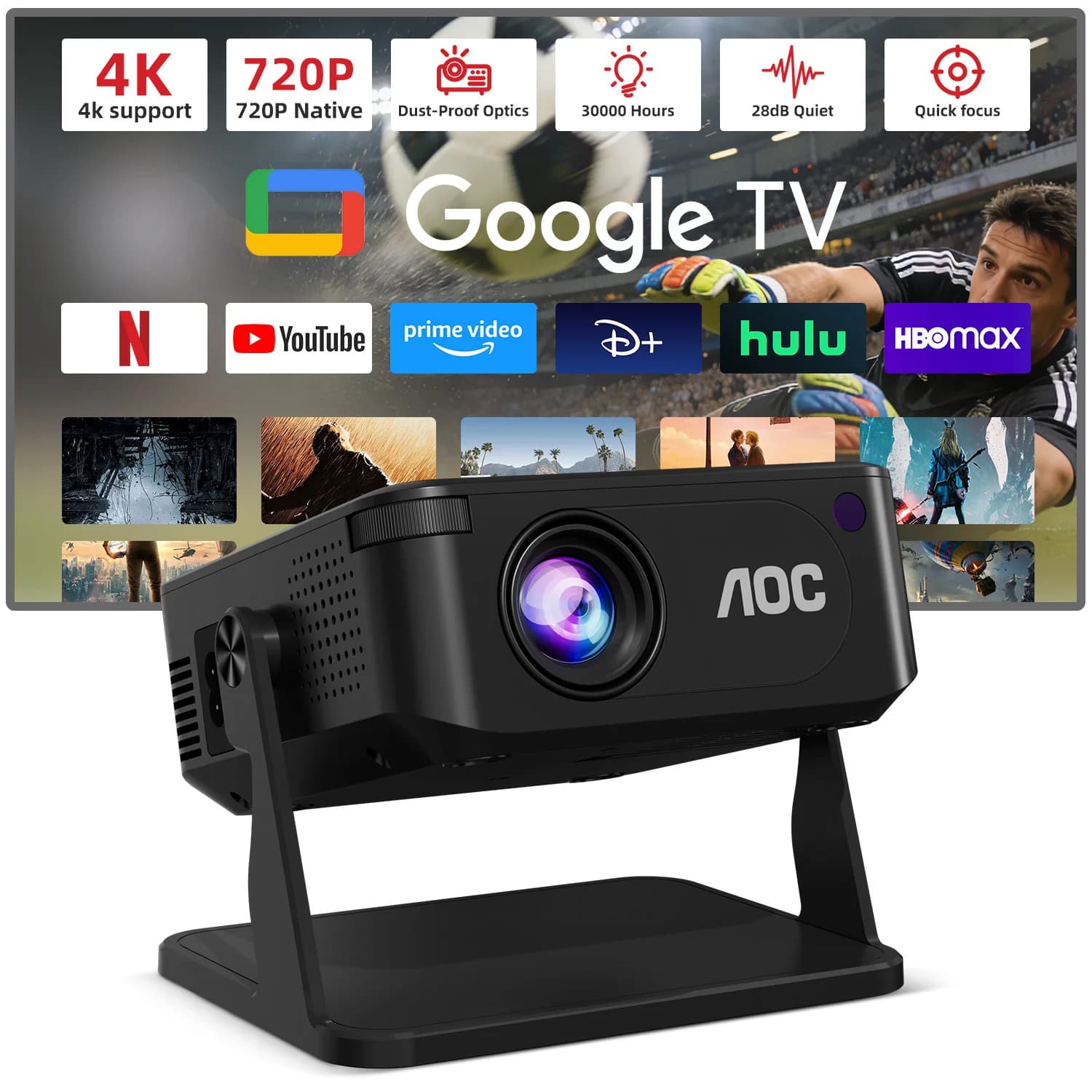AOC HA109 Projector 300 ANSI 720P Android11 WiFi 6 BT5.0 Built-in App Phone 1080P 4K