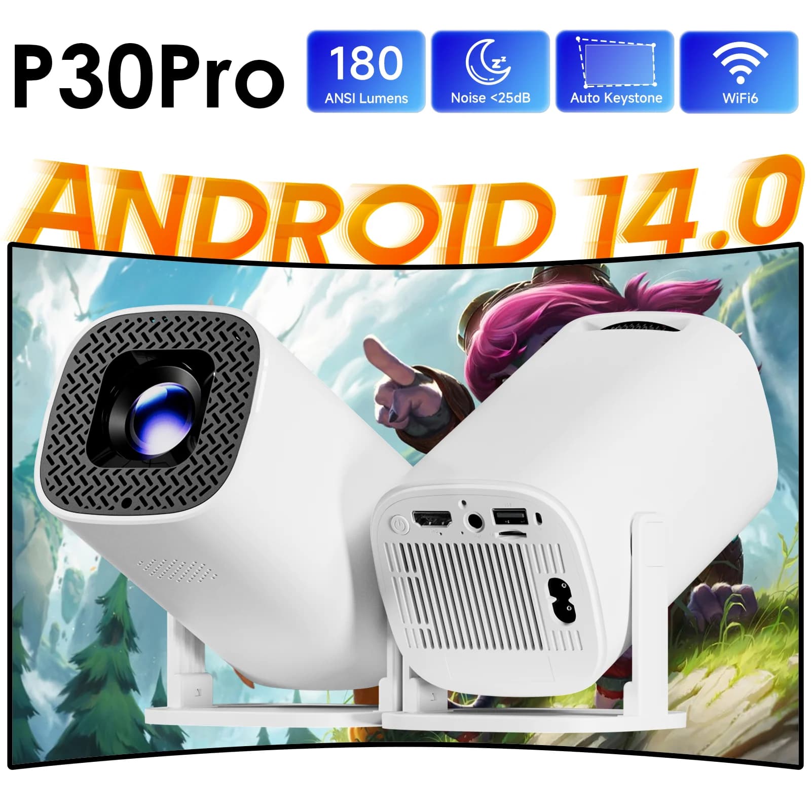 HONGTOP P30PRO Mini Projector Android 14 WiFi 6 BT 5.0 4K 1280 720P