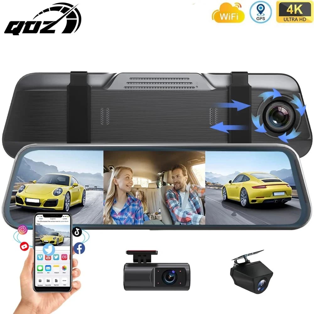 QOZ 10 Inch 3 Cameras 4K Car Dash Cam Rearview DVR Mirror Night Vision