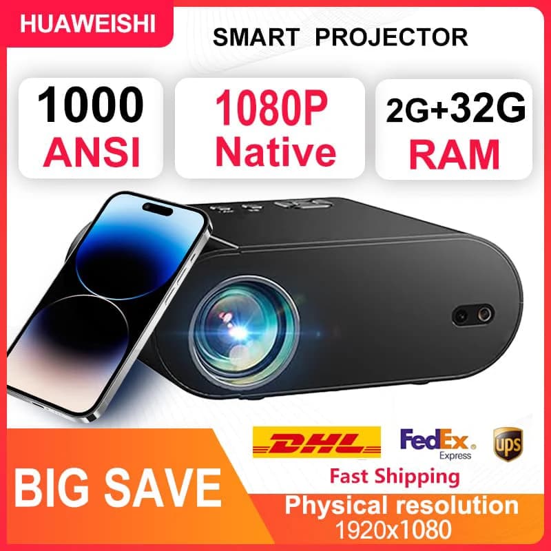 Huaweishi L007 4K 1000ANSI Native 1080P Projector Auto Focus Keystone Correction BT5.2