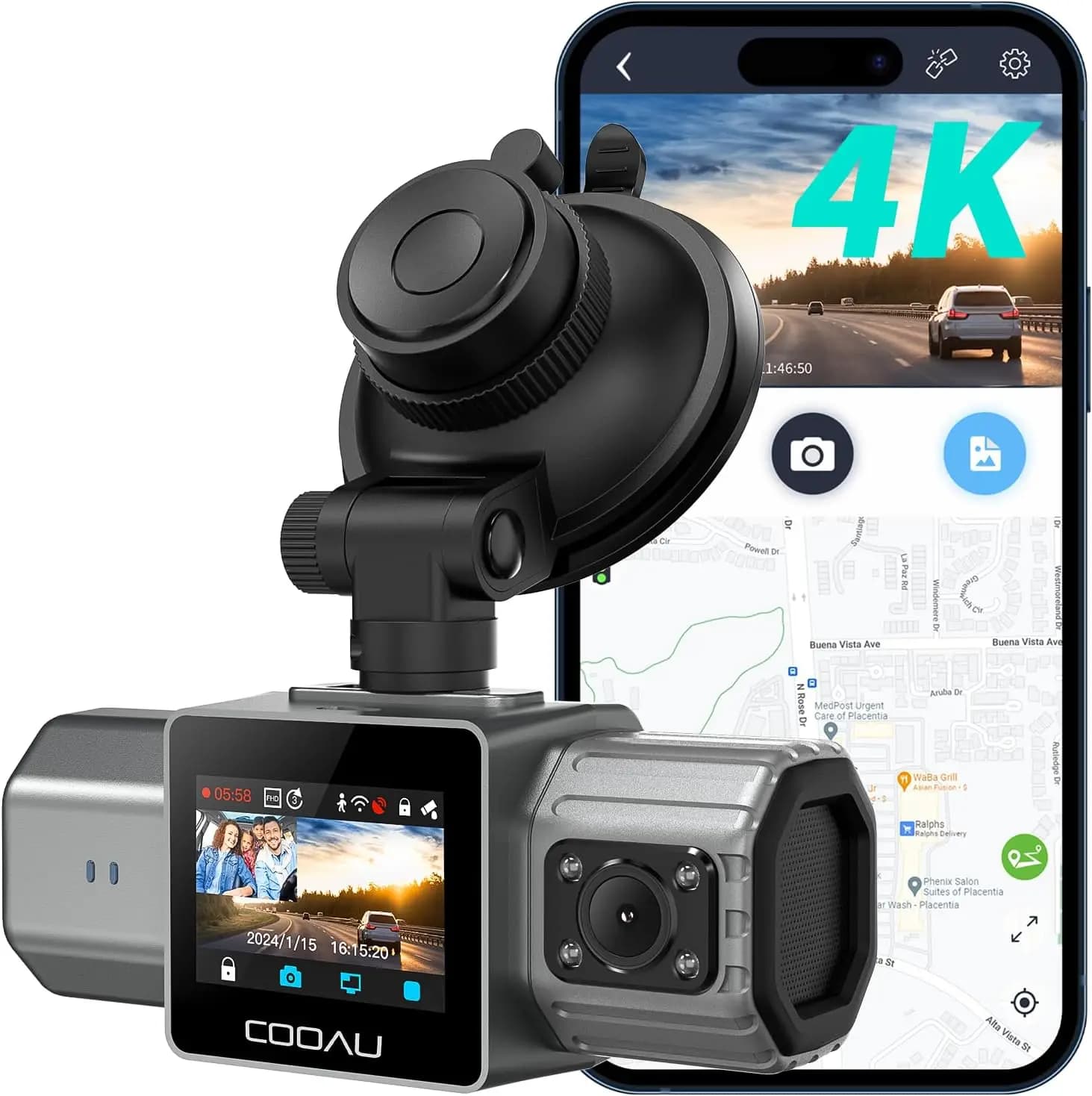 4K Dual Dash Cam GPS WiFi 2.5K 1080P Front And Inside Camera Infrared