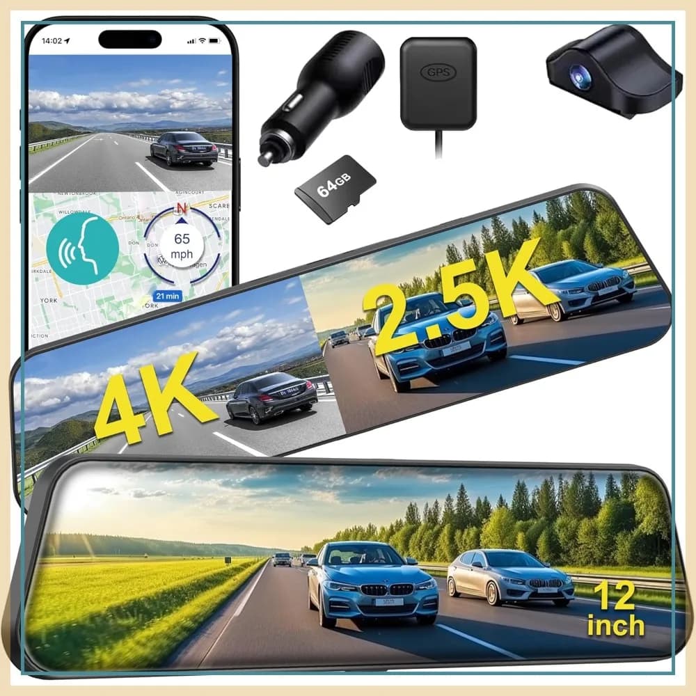 12" 4K 2.5K Dual Dash Cam ADAS BSD Night Vision Parking Monitor GPS 64GB