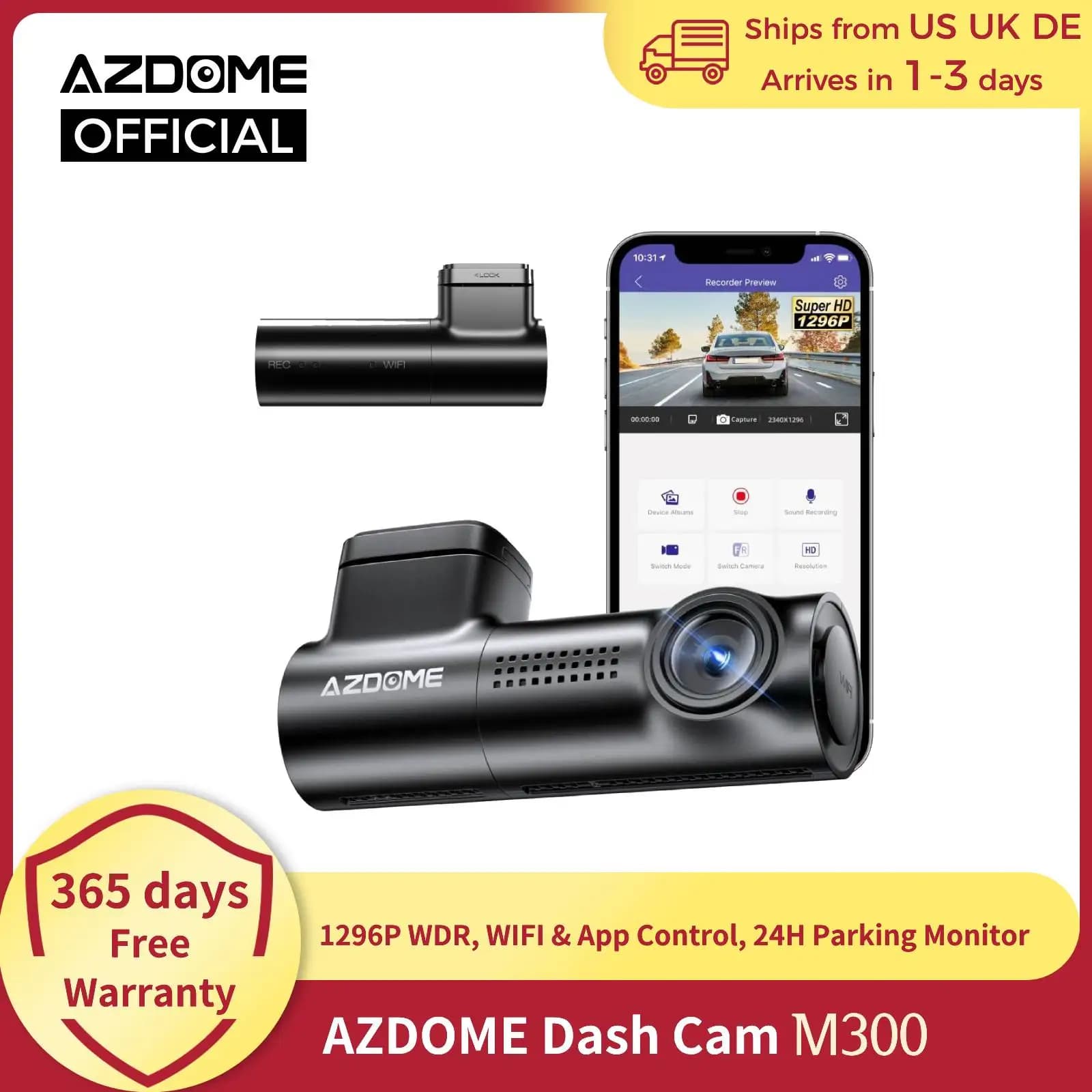 【overseas Warehouse】azdome Dash Cam M300-335R 1296P Camera For Cars