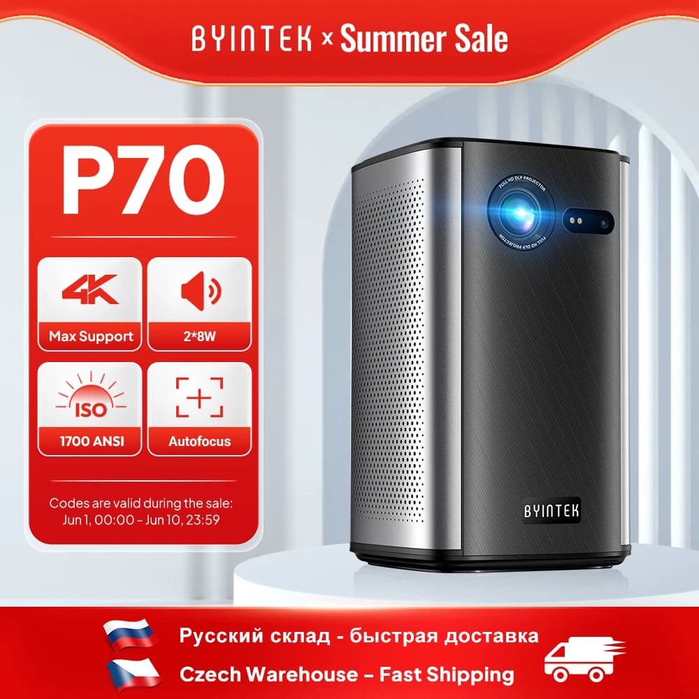 BYINTEK P70 Projector 4K 1080P DLP Mini WiFi & Bluetooth For Movies