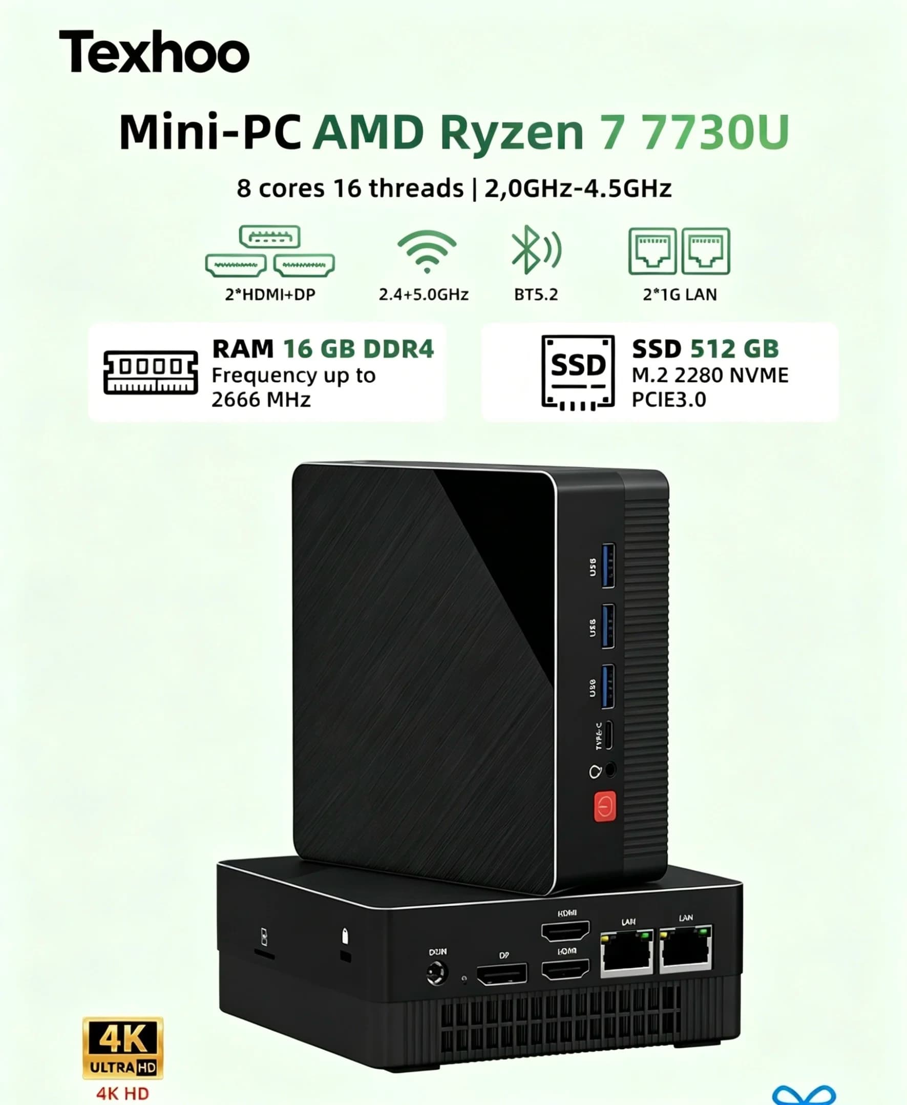 Texhoo MINI PC AMD Ryzen 7 Windows 11 8G DDR4 2666MHZ 256G M.2 2280 NVMe WiFi 6 BT5.2