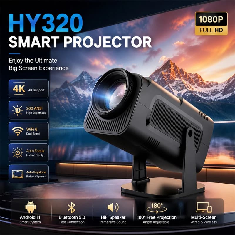 HY320 Android 11 Projector 4K Full HD Video WiFi 6 BT5.0 Native 720P