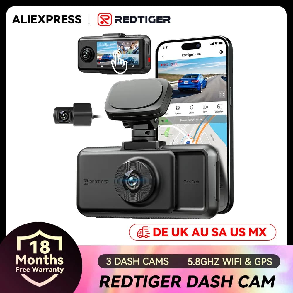 REDTIGER A6 3 Cameras Front Cabin Rear Cam 4K Dash Built-in 5.8Ghz WiFi