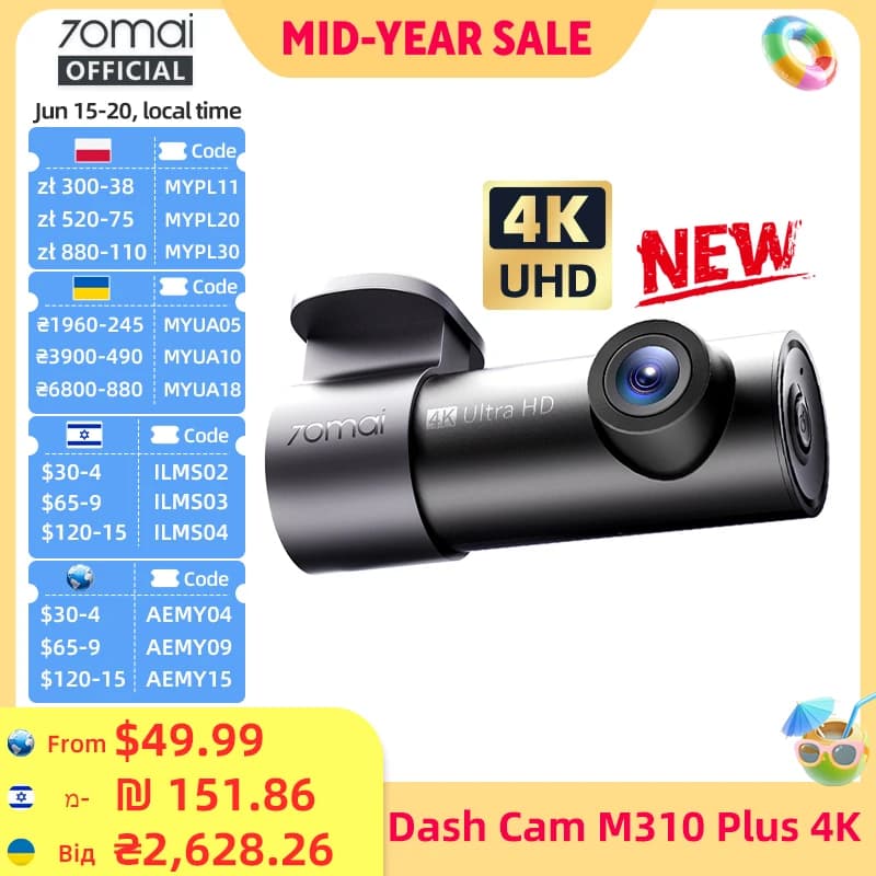 【New】70mai Dash Cam M310 Plus 4K 2160P WDR 360° Rotatable Lens Night