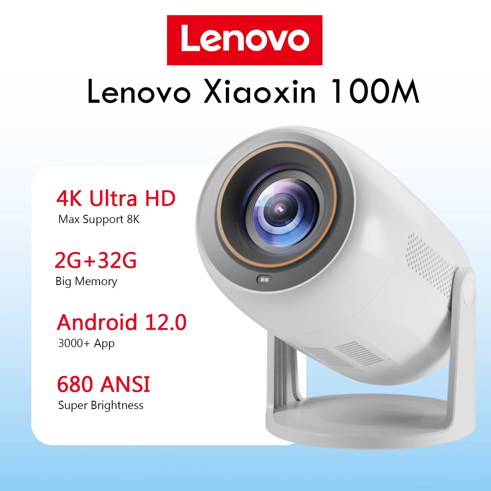 Lenovo 4K Projector 100M Android 12 WiFi 6 TOF No-sense Auto Focus