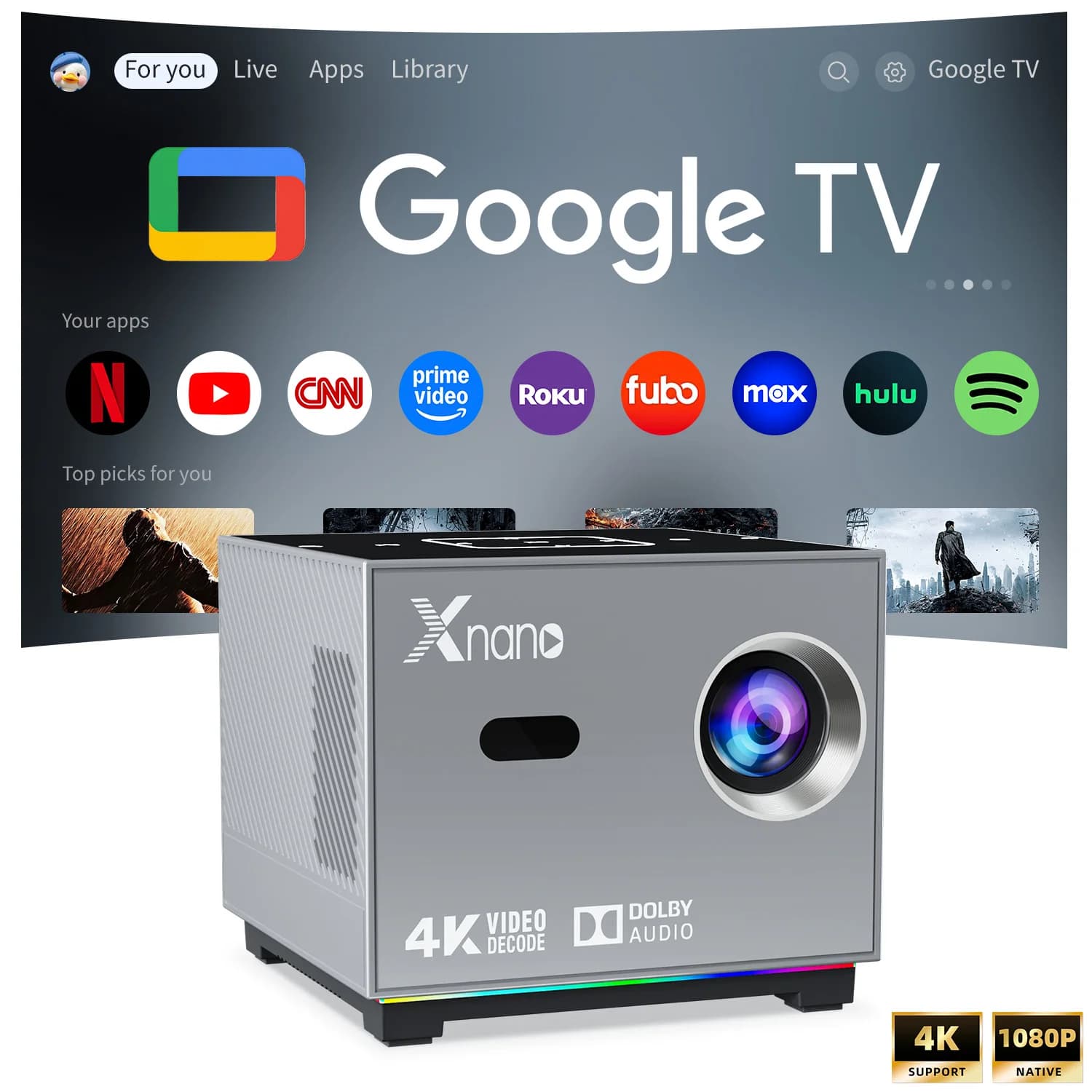 Xnano Mini Projector 4K 1280 720P Android 9 350ANSI Dual WiFi BT5.0