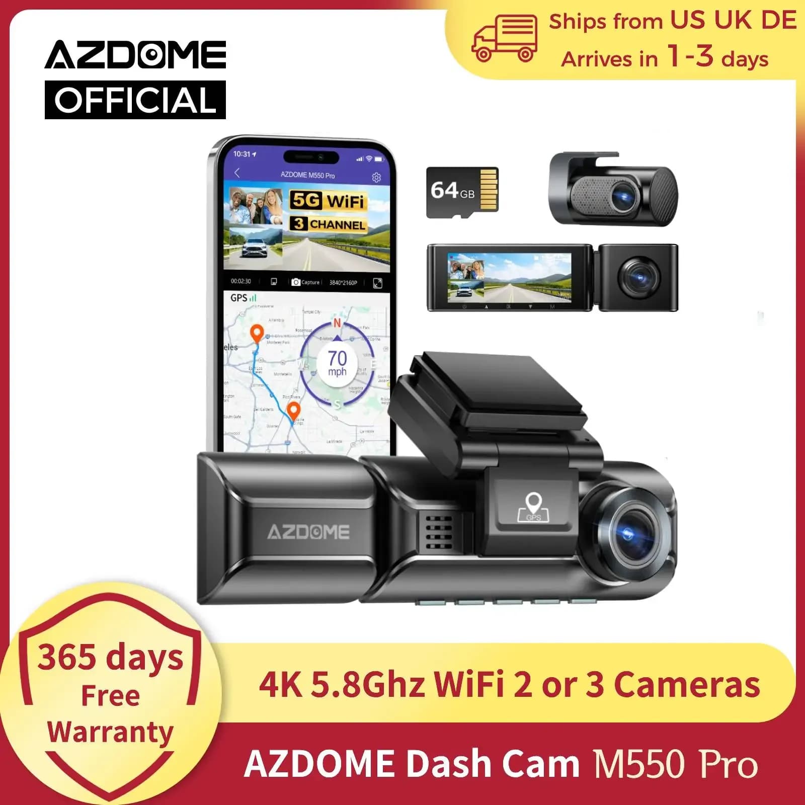 AZDOME 4K Dash Cam M550 Pro Built-in 5.8Ghz WiFi GPS Car DVR Night