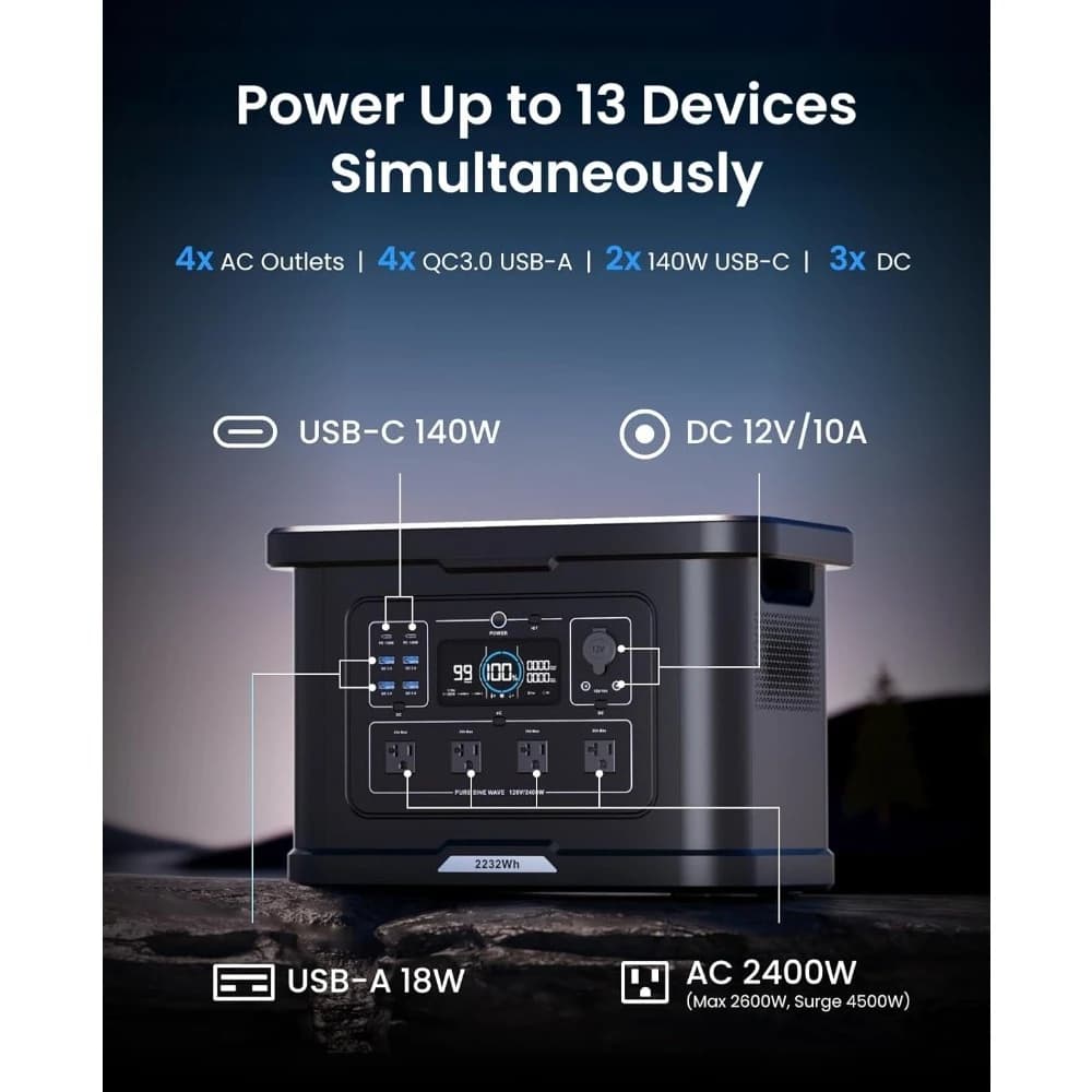 2400W Power Station 2232WH LiFePO4 Solar Generator Fast Charge 1.2H