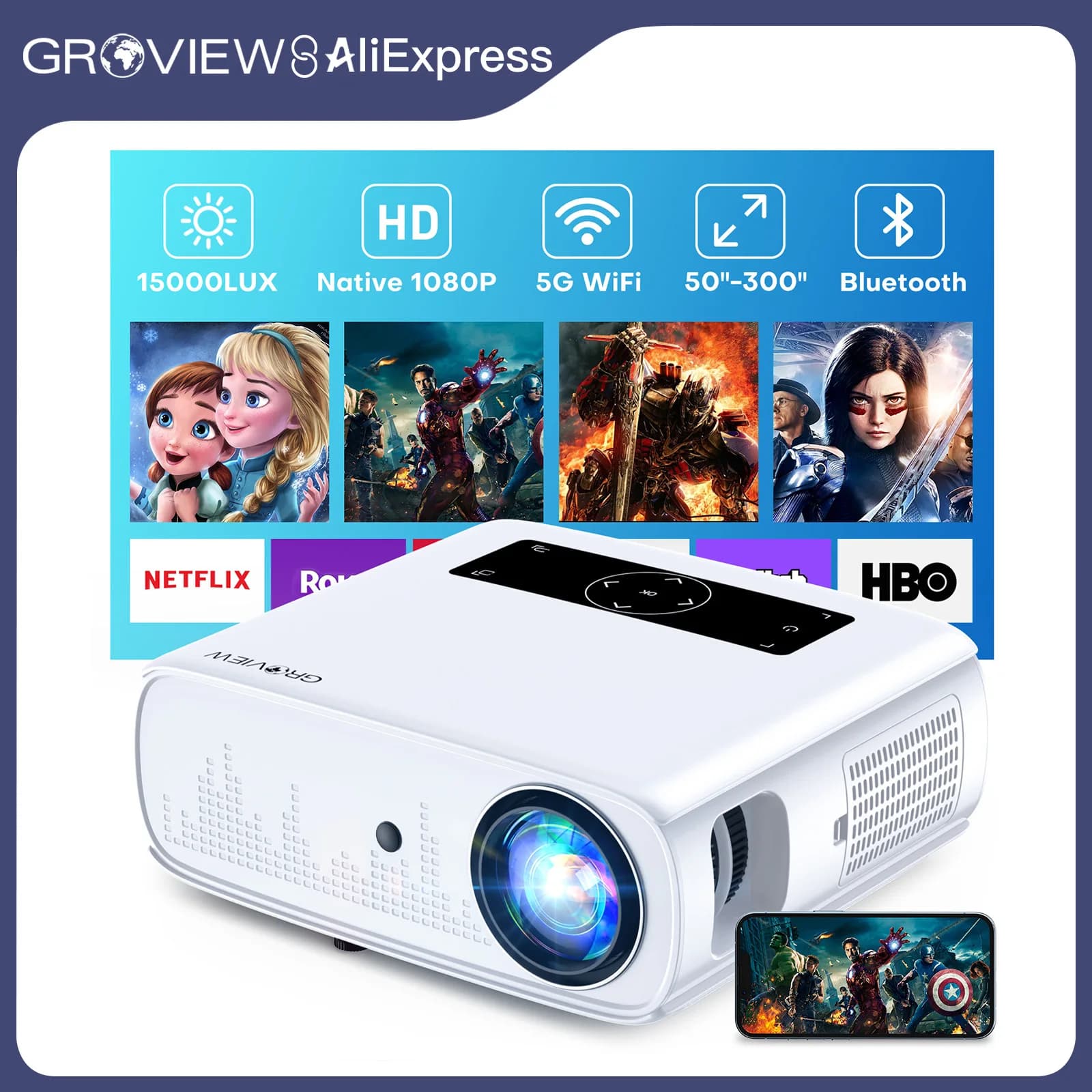 GROVIEW 1080P Projector 15000 Lux 490 ANSI WiFi Bluetooth 300'' Screen 4K