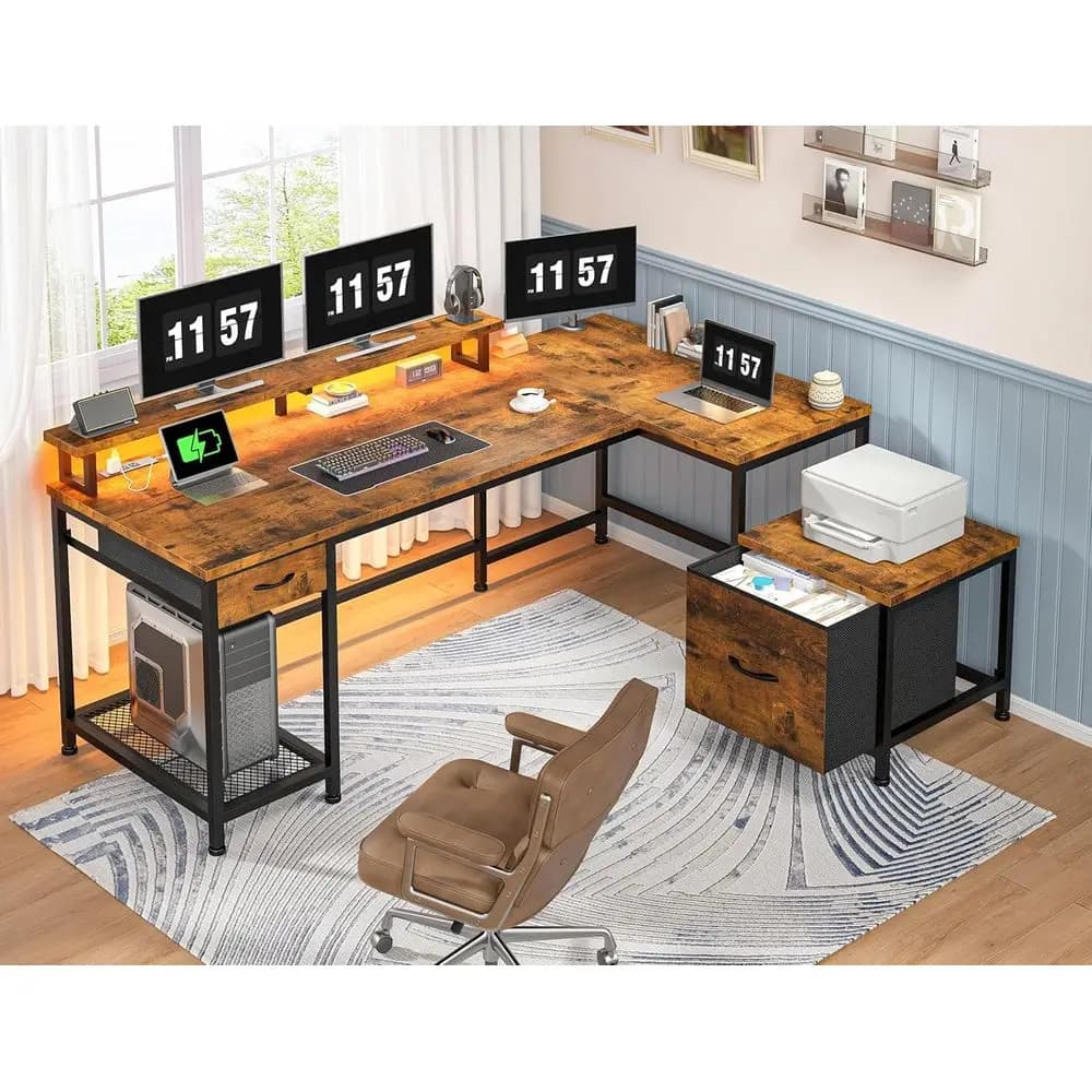 L-shaped Desk LED Lights Power Outlets Storage And Monitor Shelf For