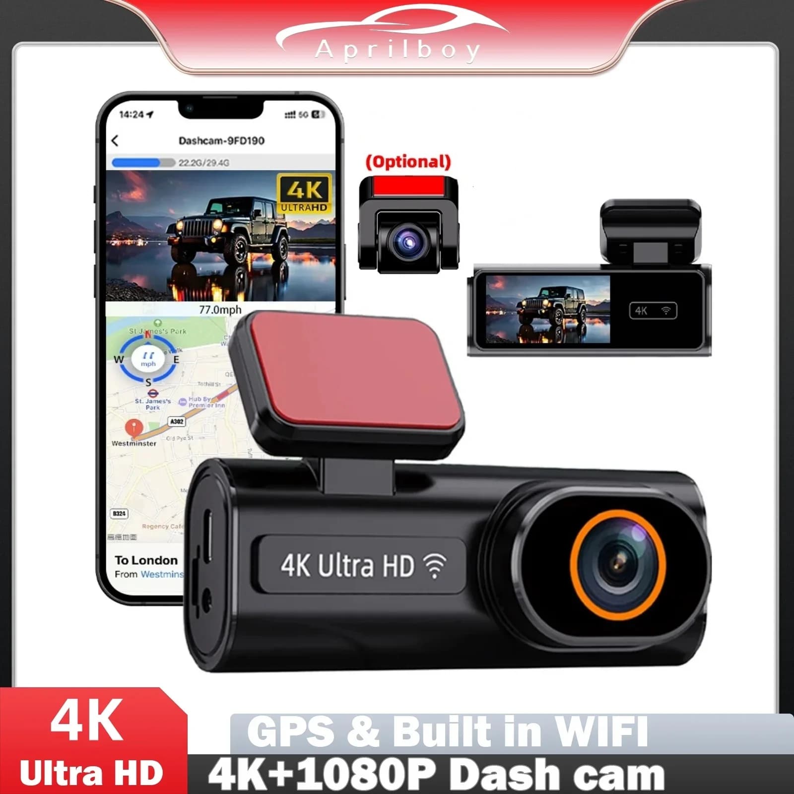 Aprilboy Dash Cam 4K UHD Car Camera Built-in 5.8Ghz WiFi APP Control